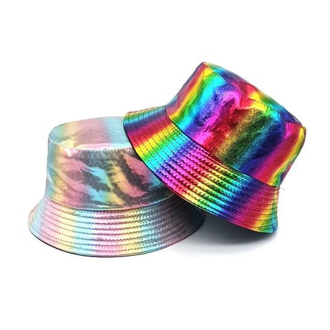 Cappello a Secchiello Colorato Iridescente Laser Per Donna Uomo Metallico Arcobaleno Pieghevole Parasole Cappello da Pescatore Per Festa Vacanza Moda