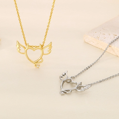 Collar Corazón Para Mujeres De Acero Inoxidable Colgante Alas Ángel Diablo Con Diamantes De Imitación Joyería De Moda