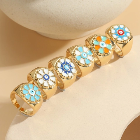 14K Gold Plated Copper Zircon Enamel Flower Evil Eye Adjustable Ring For Women Fashion Colorful Drip Oil Finger Jewelry Gift