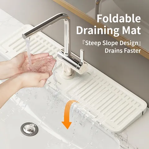 Silicone Faucet Splash Guard Sink Drain Pad Sloped Foldable Mat For Kitchen Bathroom Countertop Drying Rack Grooved