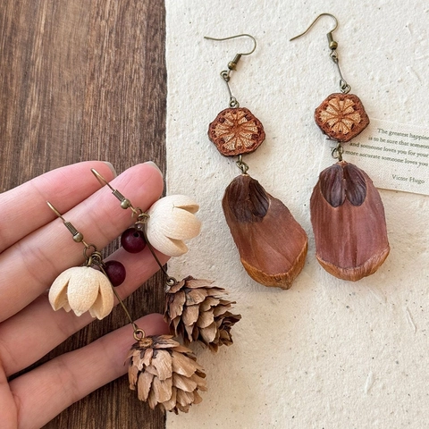 Orecchini Pendenti Stile Mori Vintage Legno Naturale Ghianda Fiori Secchi Seme Fatto A Mano Foresta Gioielli Donna