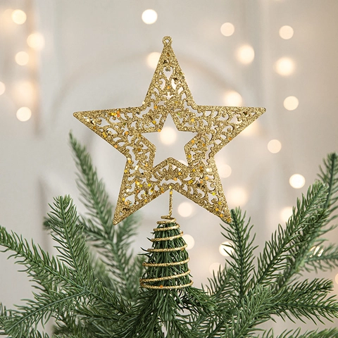 Puntale Per Albero Di Natale A Stella Oro Glitterato Cavo Ferro Battuto Decorazione Per Feste Con Base A Spirale