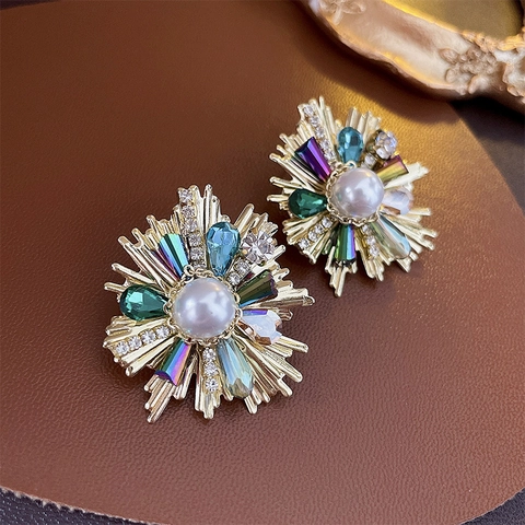 Retro Copper Flower Stud Earrings With Multi Color Crystal Artificial Pearl And 925 Sterling Silver Earring Post For Women