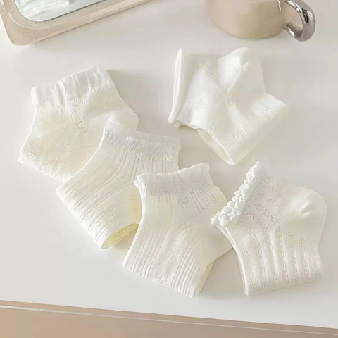 Chaussettes Courtes Style Ballet Pour Femmes Coton Peigné Respirant Maille Creuse Noeud Volants Dentelle Doux Léger