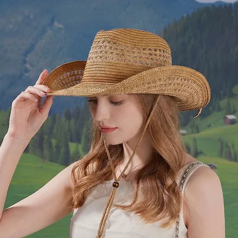 Western Cowboy Hat Straw Woven Sun Protection Breathable Adjustable Wind Rope Vintage Jazz Style Women Summer Beach