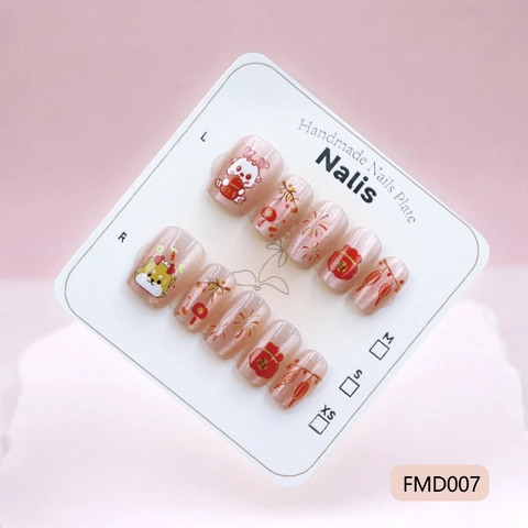 Press On Nails Handmade Cat Eye Pink Chinese New Year Style Cute Cartoon Dog Dragon Decor ABS Short Square Fake Nails