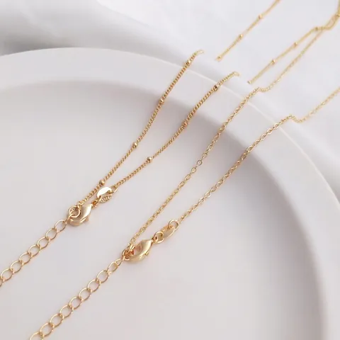 14K Gold Plated Copper Necklace Chain Satellite Bead Flat O Link Choker With Lobster Clasp And Water Drop Extension Chain