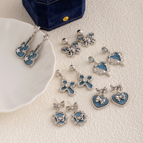 Pendientes Colgantes De Estilo Francés Vintage De Mezclilla Azul Aleación De Zinc Con Poste De Acero Inoxidable Para Mujer
