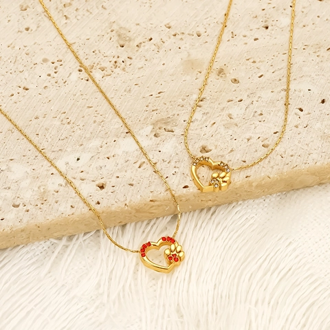 Herz Katzenpfote Anhänger Halskette 18K Vergoldet 304 Edelstahl Zirkon Inlaid Schicker Schmuck Für Damen