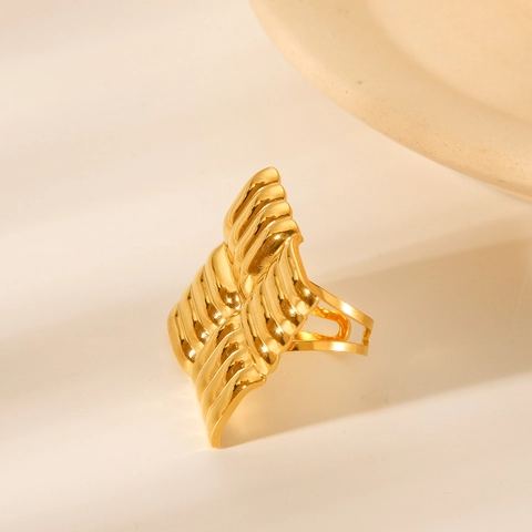 Women Stainless Steel Ring Gold Plated Textured Square Geometric Adjustable Open Statement Jewelry INS Style