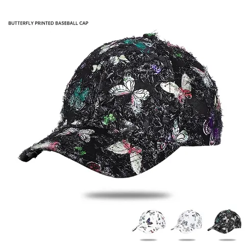Gorra De Béisbol Con Estampado De Mariposas Efecto Desgastado Flecos Streetwear Gorro Sol Ajustable Estilo Retro