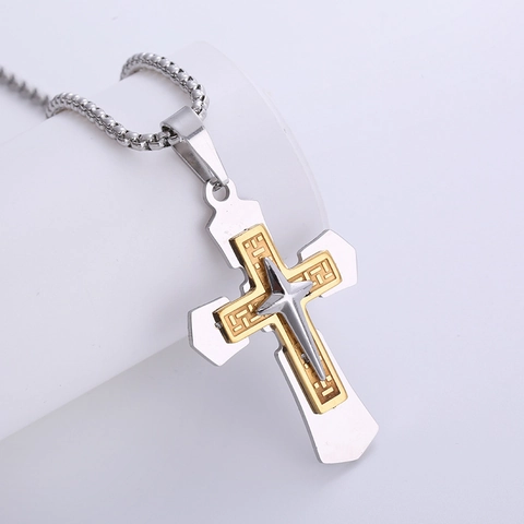 Kruis Hanger Ketting Heren 316L Roestvrij Staal Meerlagig Retro Punk Religieuze Stijl Goud Zilver Kleur Box Ketting