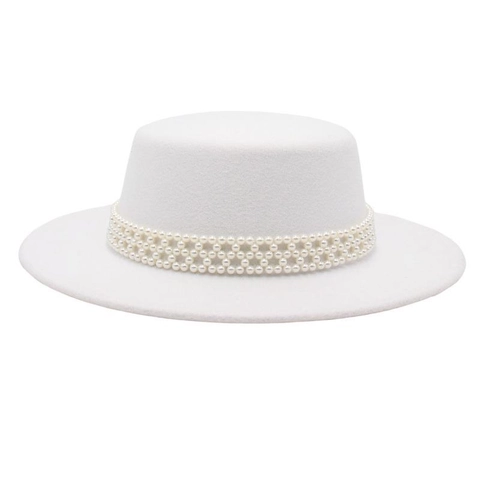 Sombrero Canotier Elegante Fieltro De Lana Ala Ancha Con Cadena De Perlas Artificiales Estilo Vintage Francés Mujer Gorra Formal