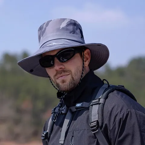 Men Outdoor Camouflage Sun Hat Wide Brim Breathable Mesh Adjustable Chin Cord Fishing Hiking Polyester Safari Cap