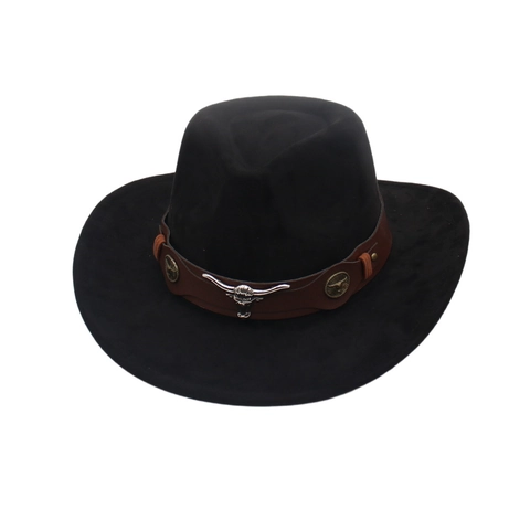 Sombrero de Vaquero del Oeste Retro Para Hombre Mujer Ala Ancha Algodón Fedora Con Decoración Cabeza de Toro de Metal Estilo Étnico Aire Libre Sol