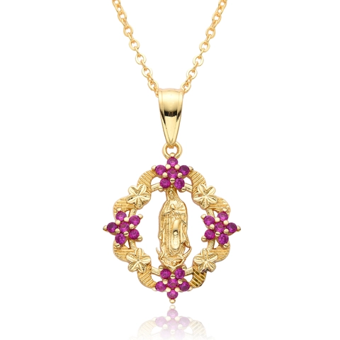 Copper 18K Gold Plated Virgin Mary Pendant Necklace With Zirconia Flower Inlaid Religious Fashion Jewelry For Women