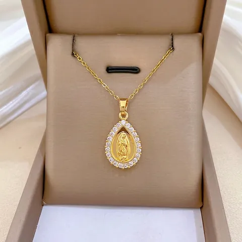 Teardrop Religious Figure Pendant Necklace With Stainless Steel Chain Copper Cubic Zirconia Elegant Jewelry For Women