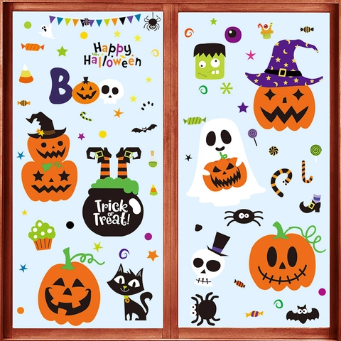 Halloween Cartoon Kürbis Geist Spinne Fledermaus Fensterbilder PVC Statisch Haftende Wandtattoo Für Kinderzimmer Party Deko