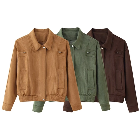 Chaqueta Corta De Ante Para Mujer Vintage Solapa Cremallera Abrigo Moto Casual Color Sólido Manga Larga Ropa Exterior