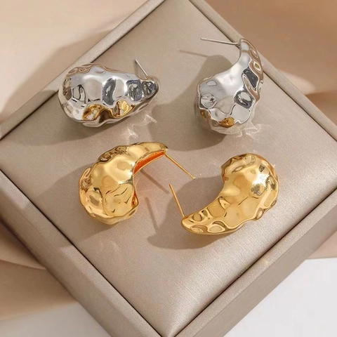 Pendientes De Gota Martillada Latón Chapado En Oro 18K Con Poste De Plata Ley 925 Estilo Lava Irregular Para Mujer