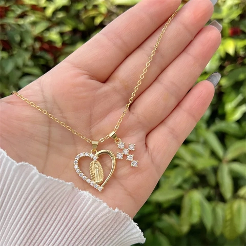 Collana Con Ciondolo Placcata Oro 18K Rame Zirconia Vergine Maria Croce Cuore Buona Fortuna Gioielli Religiosi