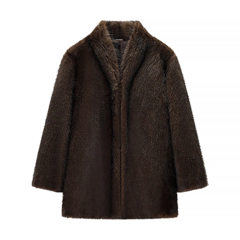 Women Faux Fur Coat Winter Warm Plush Jacket Solid Color V Neck Long Sleeve Elegant Outerwear