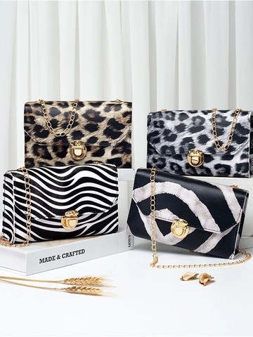 Women Crossbody Bag PU Leather Animal Print Leopard Zebra Snake Gold Chain Metal Lock Mini Square Fashion Shoulder Bag