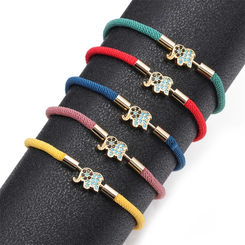 Bracelet Charme Éléphant Fait Main Corde Tressée Ajustable Cuivre Zircon Bijoux De Chance