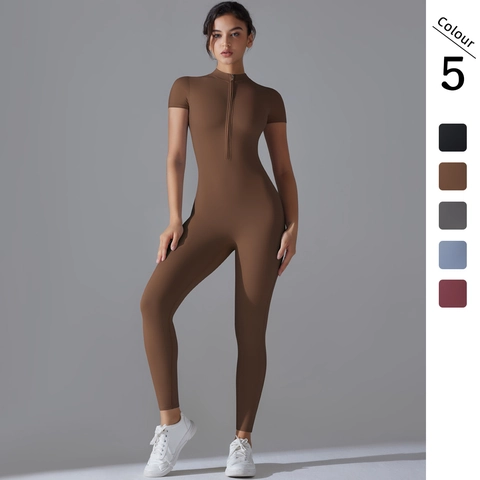 Women High Elastic Sports Jumpsuit Short Sleeve Zipper Yoga Bodysuit Running Fitness One Piece Tight Pants Activewear