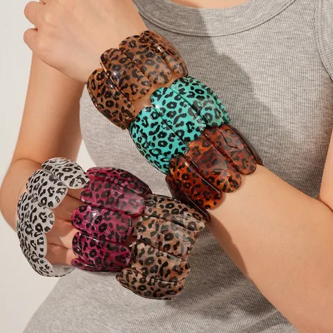 Bracciale Elastico Largo In Acrilico Con Stampa Leopardata Braccialetto Geometrico Spliced Gioielli Di Moda Per Donna