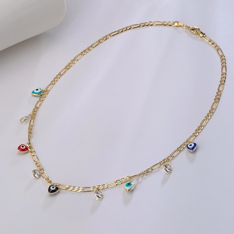 Evil Eye Pendant Necklace Gold Plated Copper Enamel Zircon Figaro Chain Butterfly Heart Charm Jewelry For Women Commuter