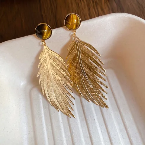 Boucles D'oreilles Pendantes Plume Feuille Vintage Avec Pierre Oeil De Tigre Et Tige En Argent Pour Femmes Style Bohème Rétro