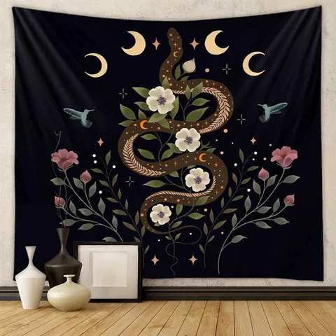 Snake Floral Moon Stars Hummingbird Pattern Bohemian Mystic Gothic Polyester Wall Hanging Tapestry Home Decor