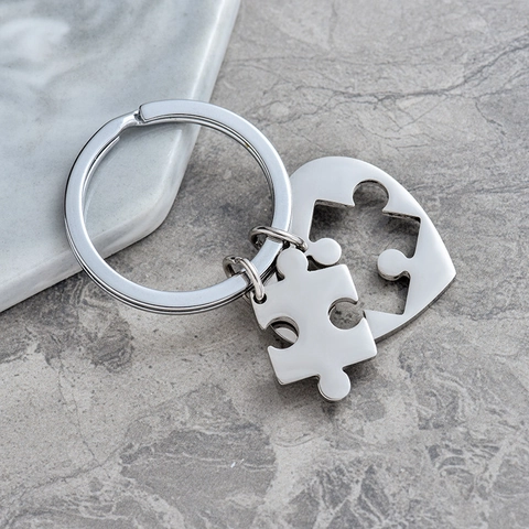Heart And Jigsaw Keychain Stainless Steel Polished Pendant Anniversary Valentine Day Gift For Couples Lovers Friends