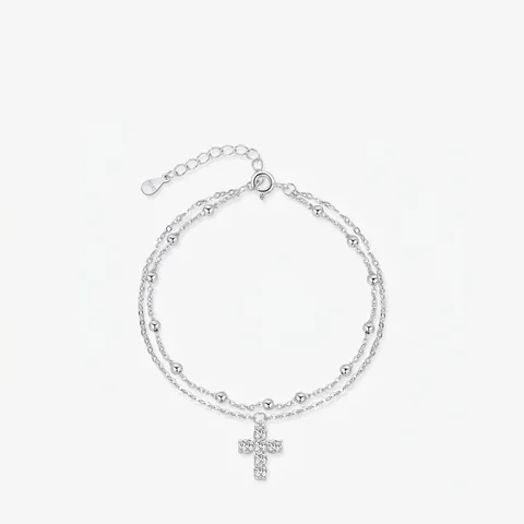 Pulsera de Doble Capa de Plata de Ley 925 Con Colgante de Cruz Y Cuentas de Circonita Joyas Minimalistas Para Mujer Regalo Elegante