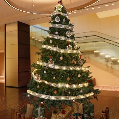 LED Christmas Ribbon String Lights Double Layer Mesh Star Print Battery Powered Tree Decorative Hangings