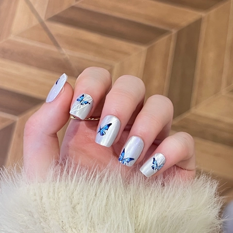 Unghie Finte Press On Farfalla Blu Effetto Occhio Di Gatto Perla Artificial Lucida Quadrato Rotondo Stile Fatto A Mano
