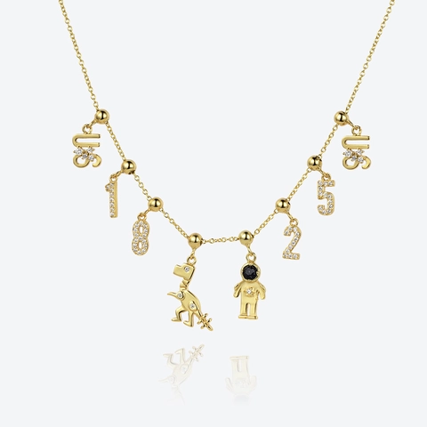 925 Sterling Silver Necklace With Cubic Zirconia Number Pendant 18K Gold Plated Astronaut Dinosaur DIY Luxury Jewelry