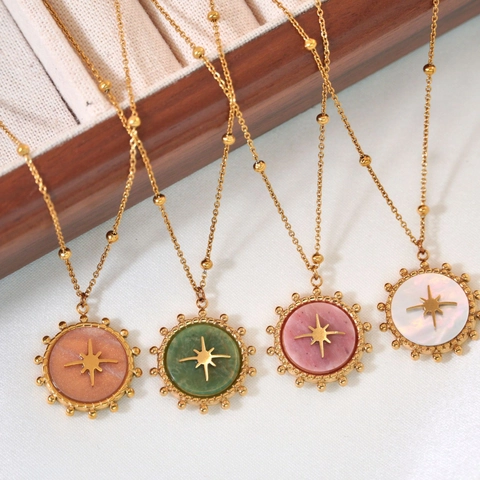 Boheemse 14K Vergulde Titaniumstaal Ronde Ster Hanger Halsketting Natuursteen Parelmoer Bolletjesketting Sieraden