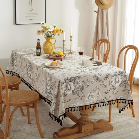 Vintage Peony Floral Cotton Linen Tablecloth With Black Tassels American Pastoral Rectangular Dining Table Picnic Cover Decorative Home Cloth