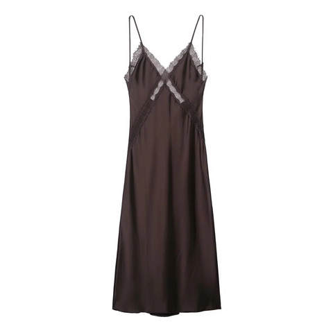 Vestido Lencero Satén Mujer Encaje Patchwork Tirantes Finos Cuello En V Espalda Descubierta Elegante Camisón