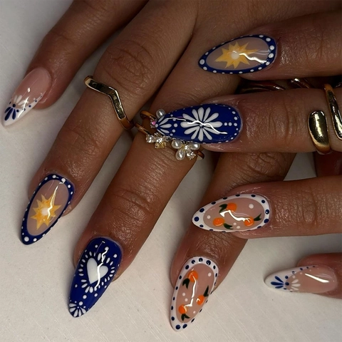 French Blue White Press On Nails Almond Shape Floral Heart Sun Fruit Patterns Bohemian Retro Style For Women