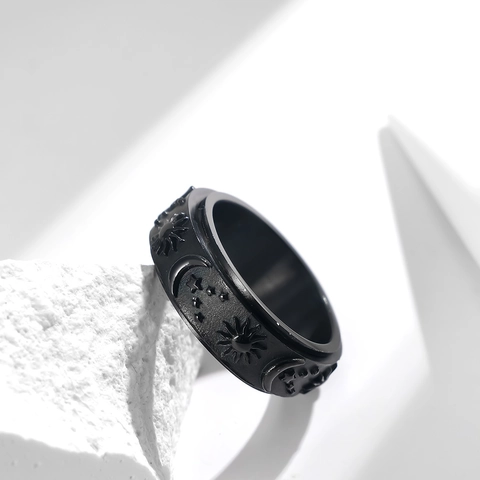 Anillo Giratorio de Acero Inoxidable Relieve Sol Luna Estrellas Anillo Anti-Estrés Para Hombres Y Mujeres Joyería
