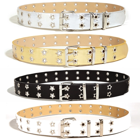 Cintura Con Occhielli A Stella Punk Ecopelle Doppia Fila Fibbia Moda Cinturino In Vita Per Jeans Streetwear Uomini Donne Gothic