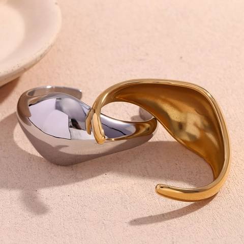 Bracciale Rigido Aperto in Acciaio Inossidabile Minimalista da Donna Placcato Oro Argento Irregolare Geometrico Curvo Liscio Gioielli