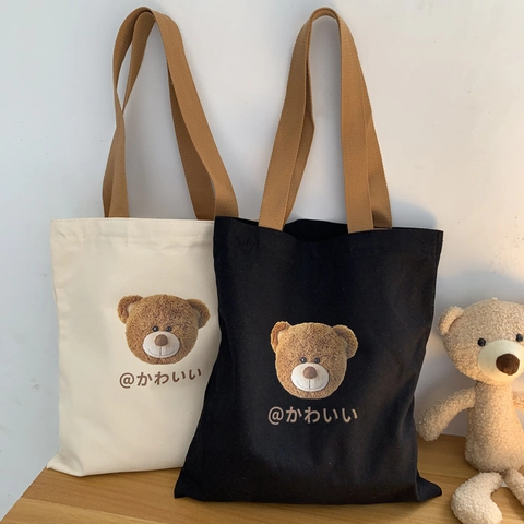 Canvas Tote Tasche Süßer Bärenprint Große Kapazität Reißverschluss Schulterhandtasche Japanischer Stil Student