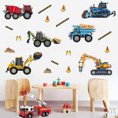 Pegatinas De Pared De Vehículos De Construcción Extraíbles Dibujos Animados Excavadora Calcomanías Para Dormitorio Infantil PVC