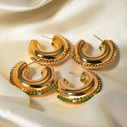 Pendientes De Aro Gruesos En Forma De C De Acero Inoxidable Chapado En Oro De 18K Con Pedrería De Colores
