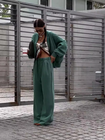 Tuta Da Ginnastica Da Donna In Cotone Felpa Con Zip E Pantaloni Larghi A Vita Alta Streetwear Casual Verde