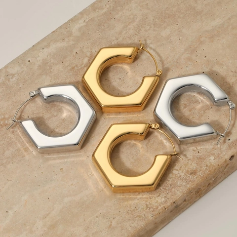 Pendientes De Aro Hexagonales Geométricos Acero Inoxidable Pulido Minimalista Hueco Grueso Joyería Moderna Para Mujeres